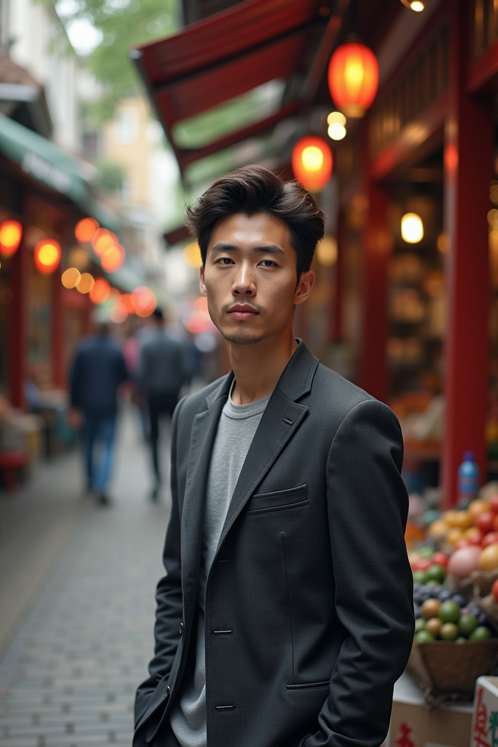 a charismatic masculine  man exploring a street market