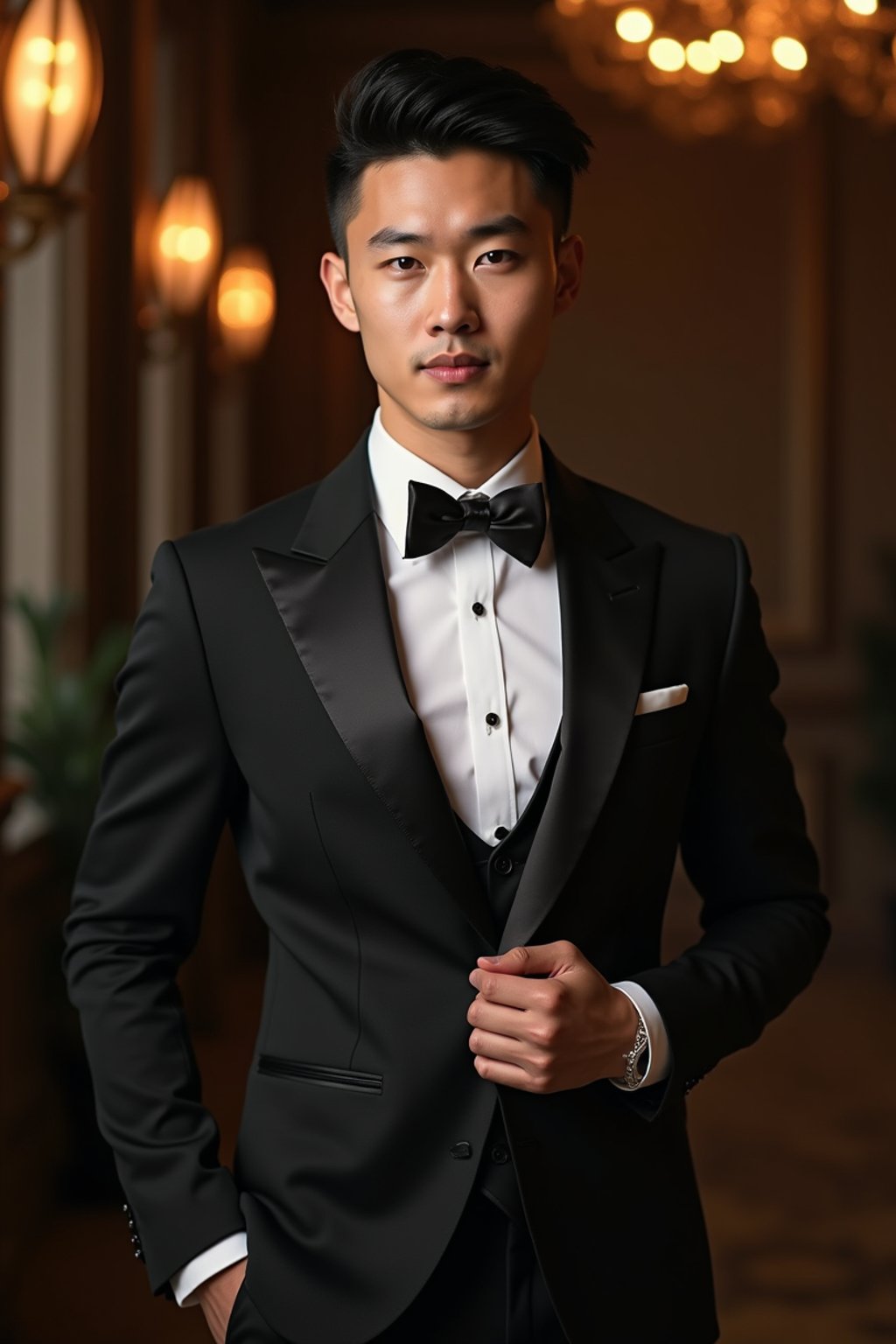 an alluring masculine  man dressed in elegant evening wear