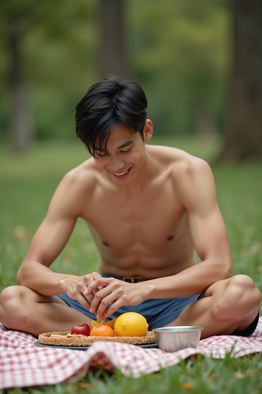 masculine  man having a fun outdoor picnic