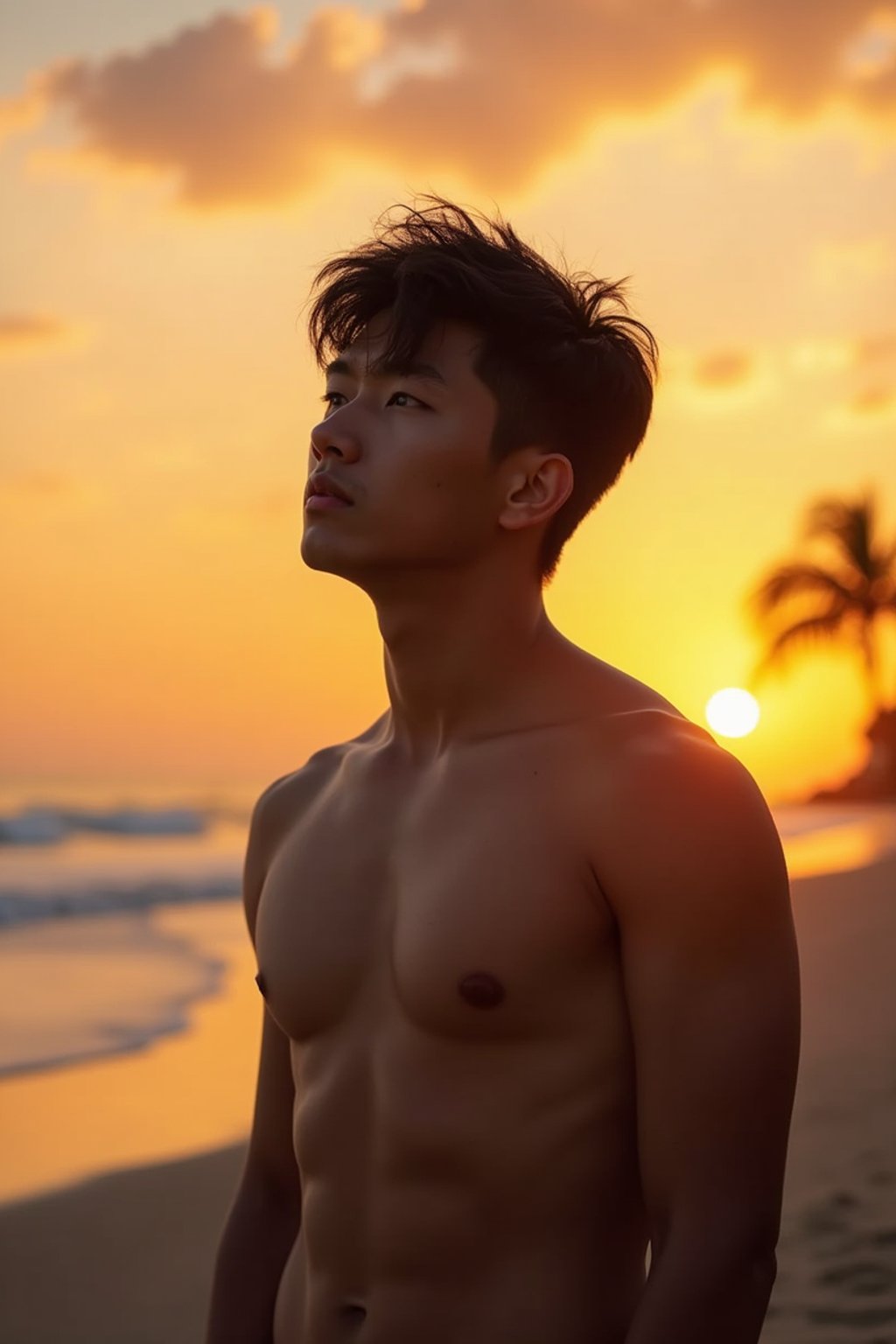 masculine  man enjoying a sunset at a beach or park