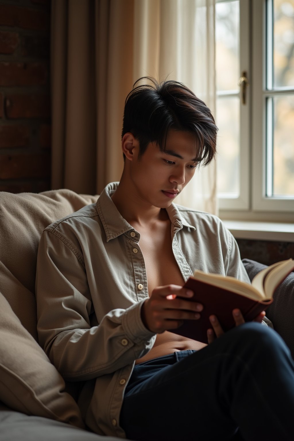 masculine  man reading a book in a cozy home environment