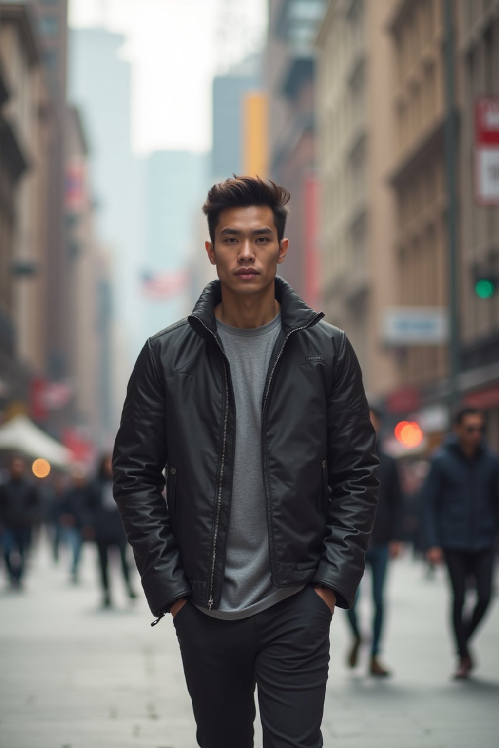 masculine  man taking a casual stroll through a cityscape