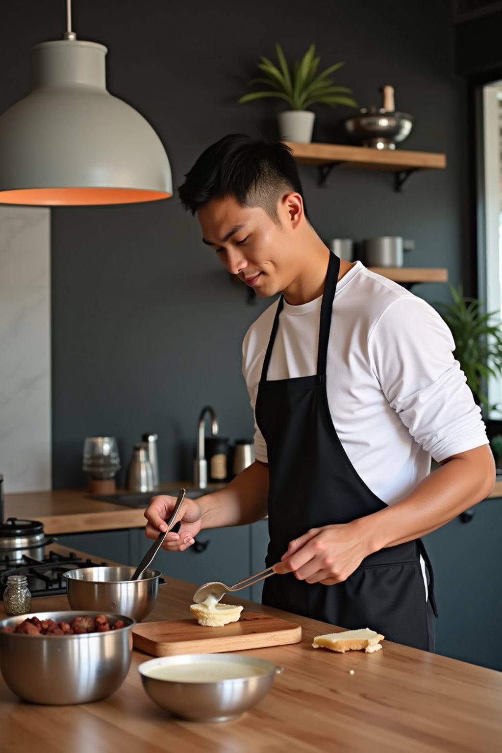 masculine  man cooking or baking in a modern kitchen