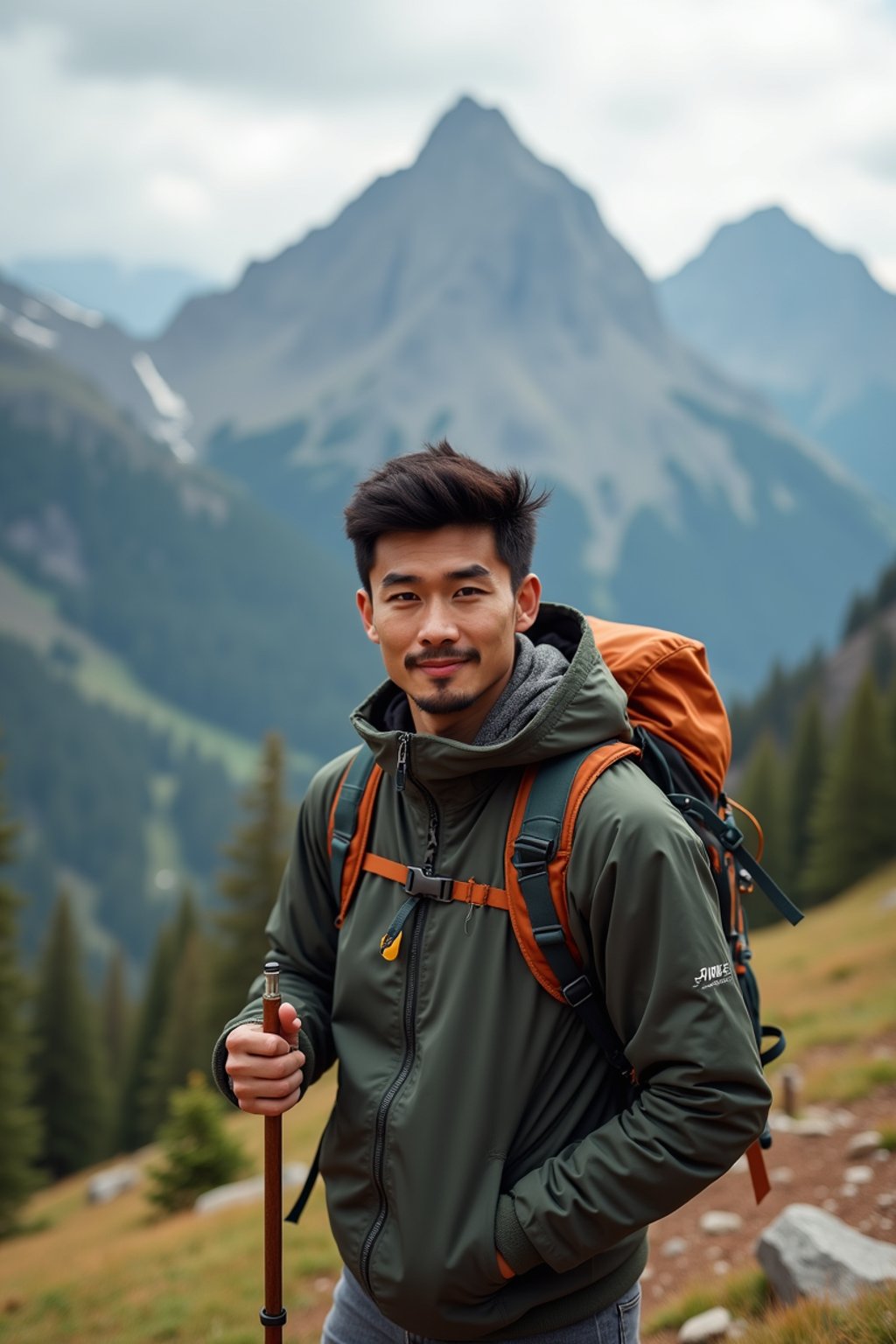 masculine  man in going hiking outdoors in mountains