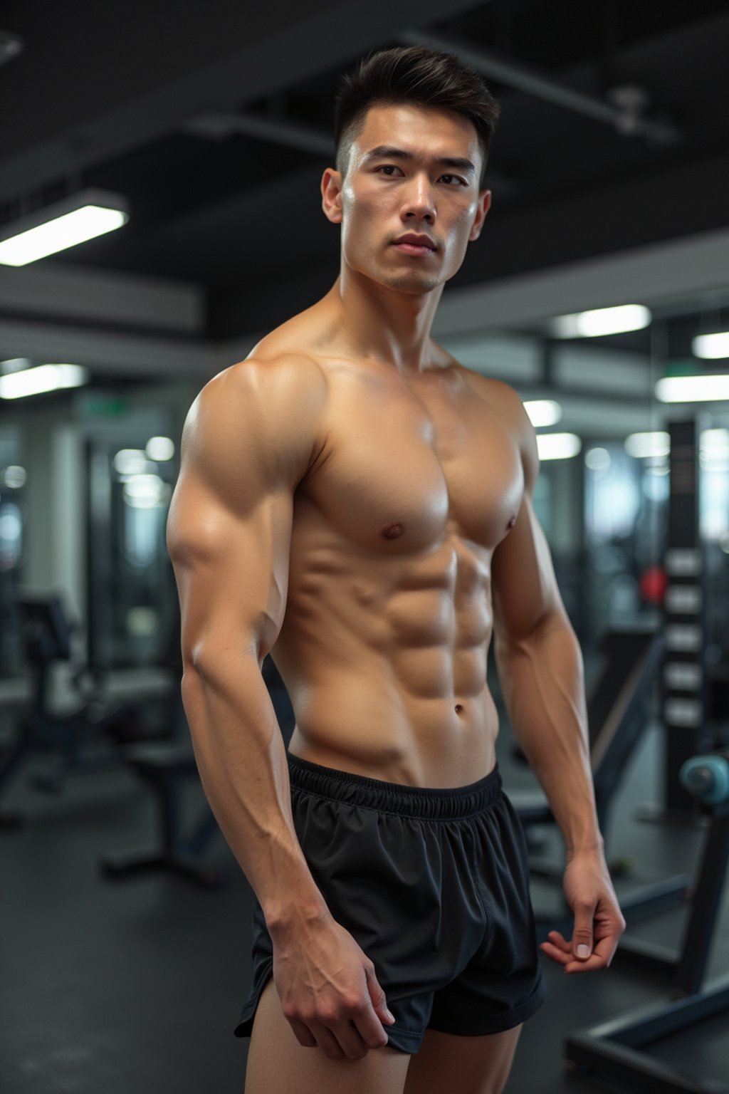 masculine  man wearing  or shorts and sports top in the fitness gym