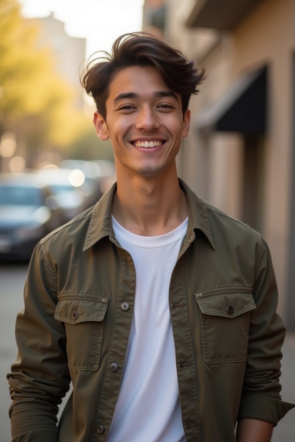 headshot of smiling man wearing casual clothes posing for dating app headshot. outdoor blurry background. the lighting is warm, possibly from a setting sun, creating a soft glow around him, enhancing the casual and relaxed vibe of the image. the setting seems to be outdoors, likely in an urban environment, with the blurred background hinting at a street or park-like area. this image likely portrays a youthful, active, and approachable individual, possibly in a lifestyle or fashion-related context.