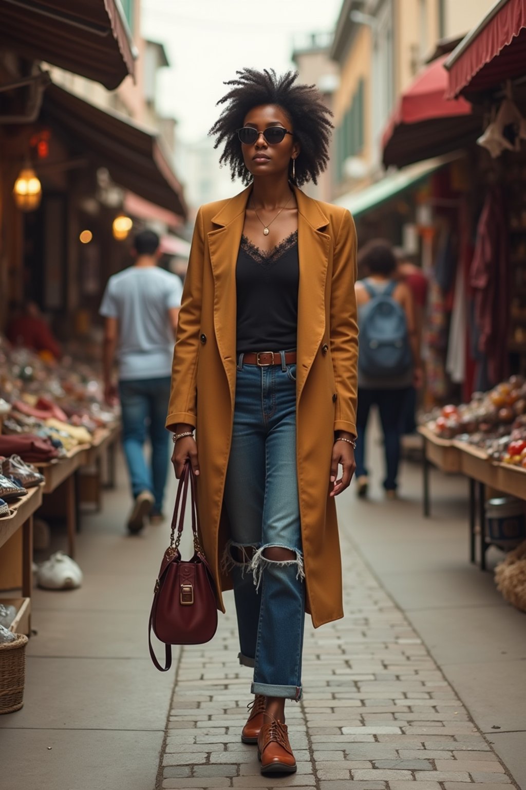 a stylish  feminine woman exploring a street market