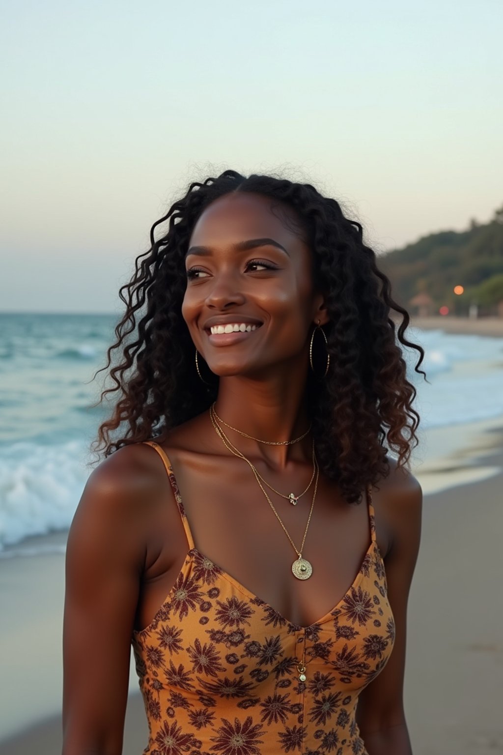 a captivating  feminine woman enjoying a peaceful moment by the waterfront