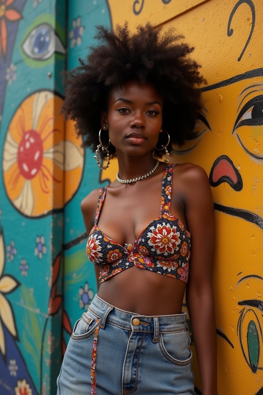 a fashionable  feminine woman posing in front of street art