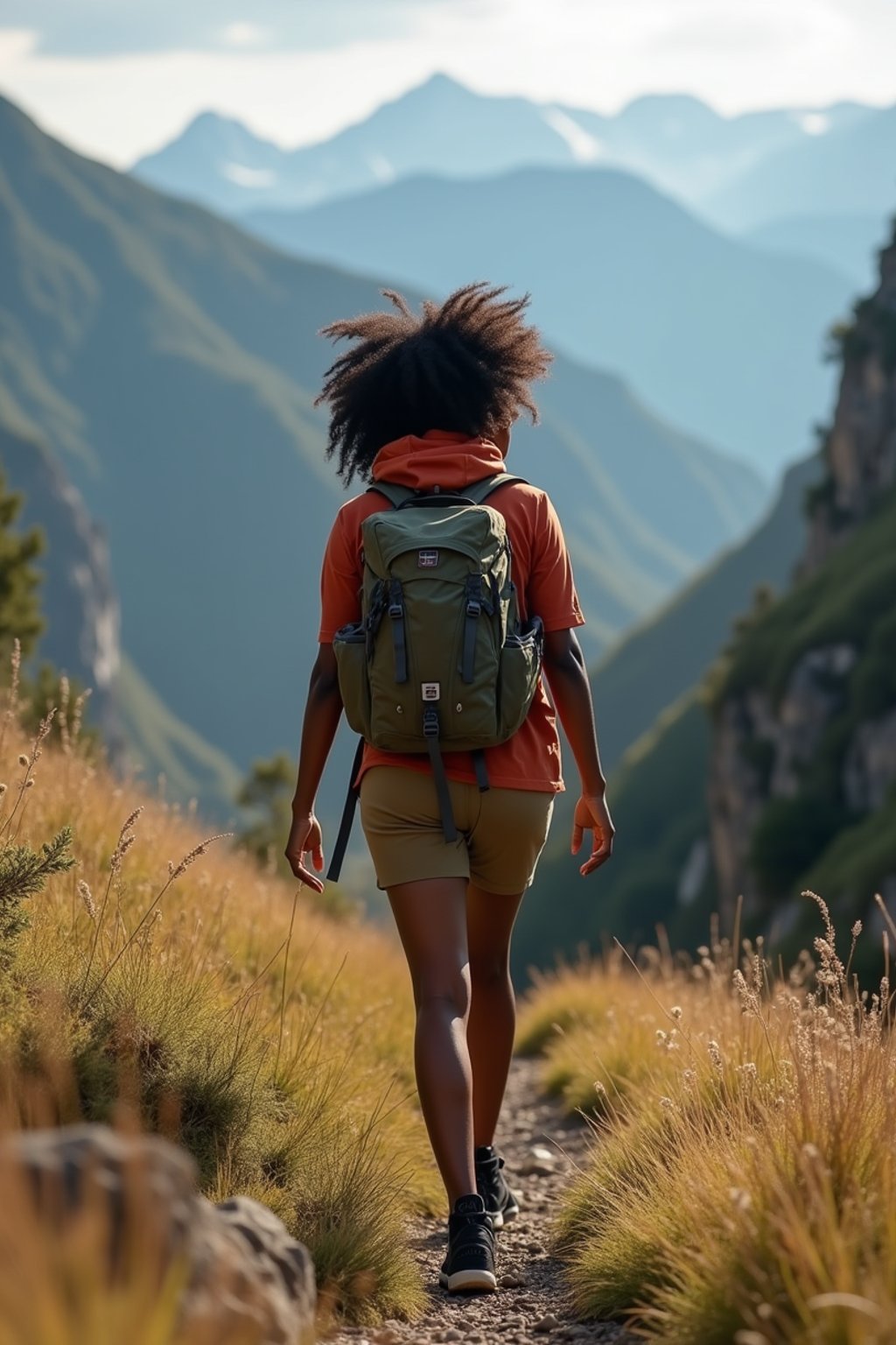 an adventurous  feminine woman hiking in the mountains