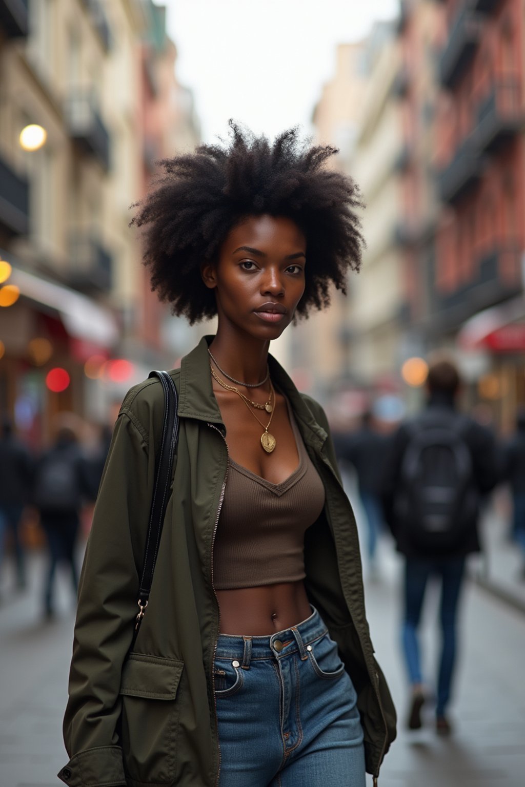 a confident  feminine woman exploring a bustling city street