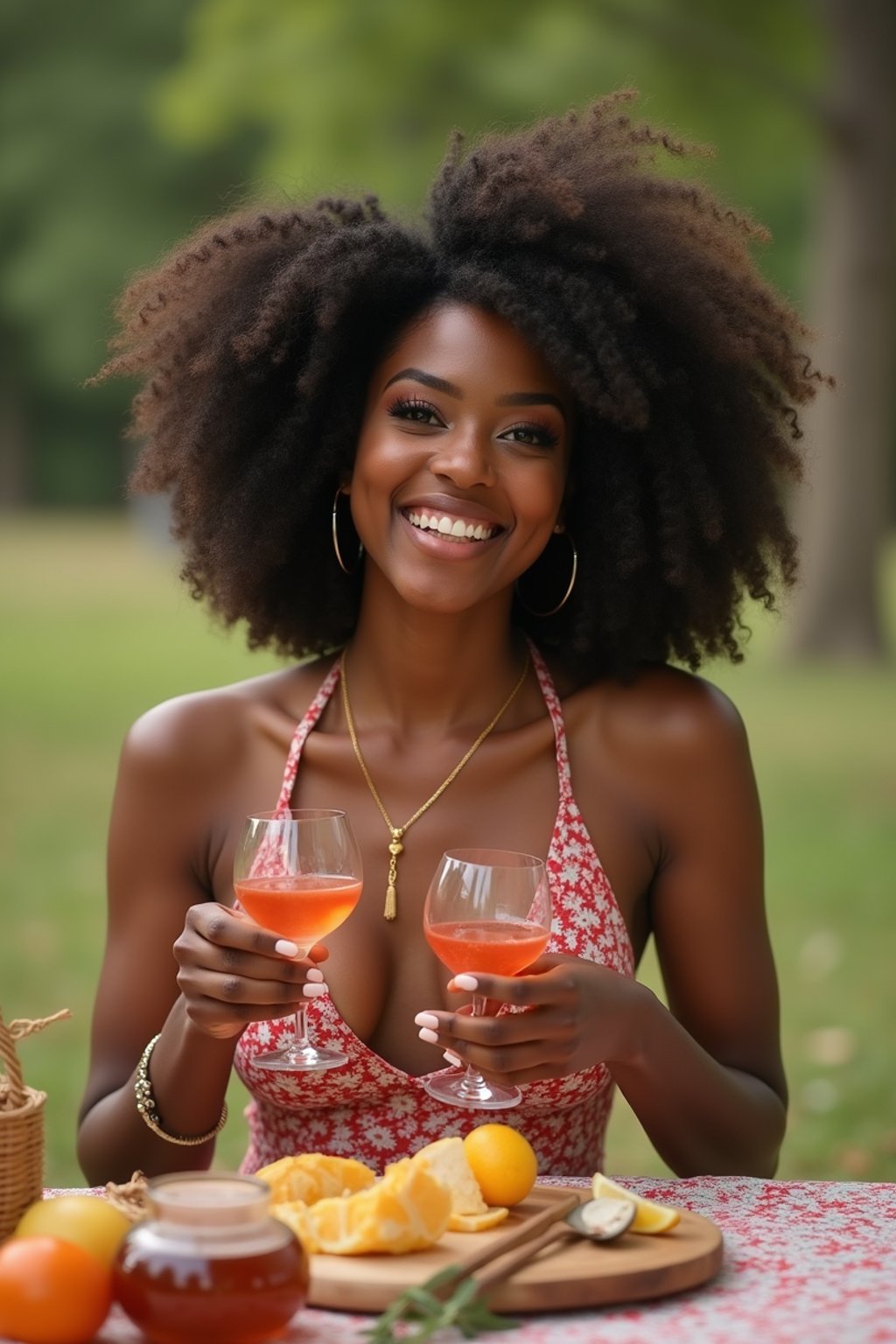 feminine woman having a fun outdoor picnic