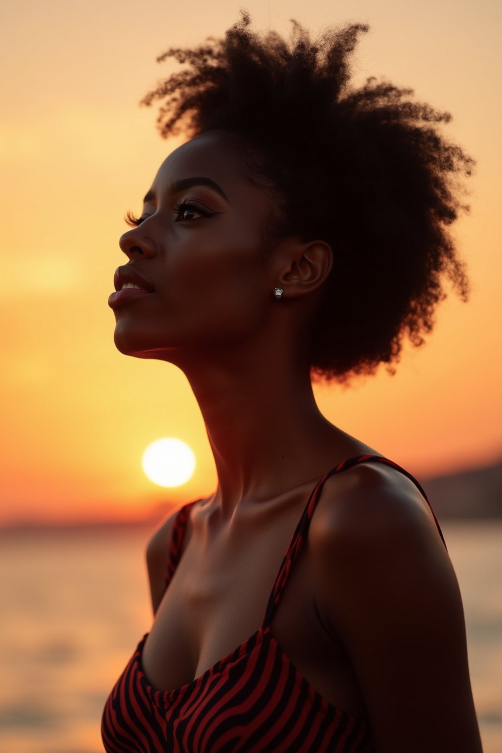 feminine woman enjoying a sunset at a beach or park