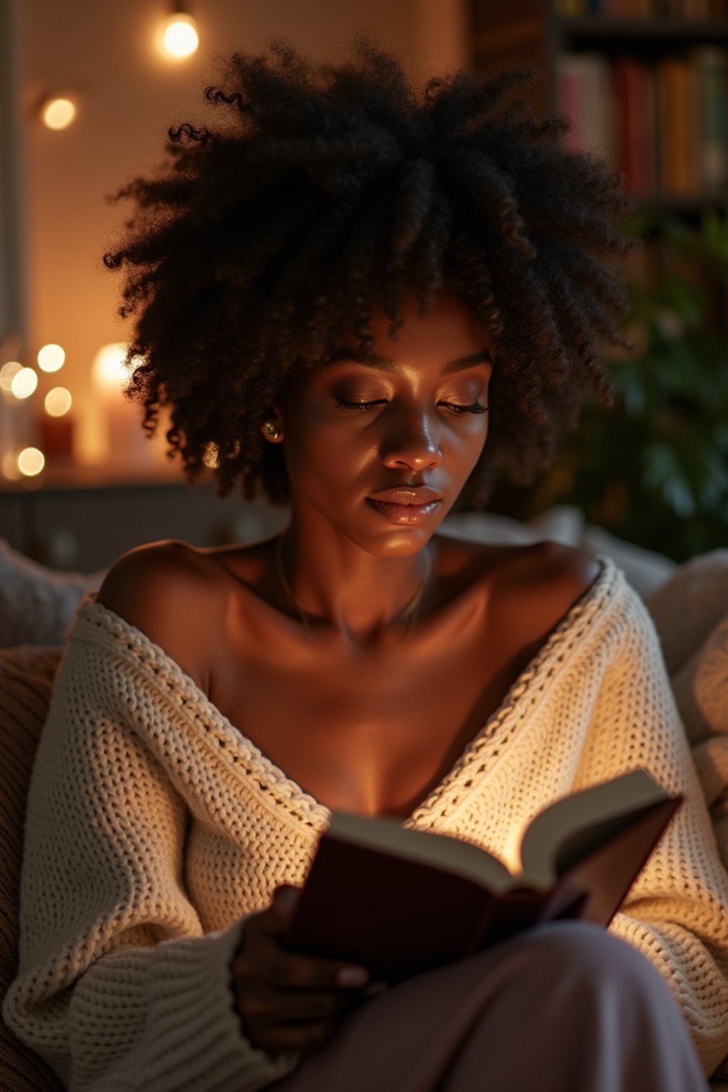 feminine woman reading a book in a cozy home environment