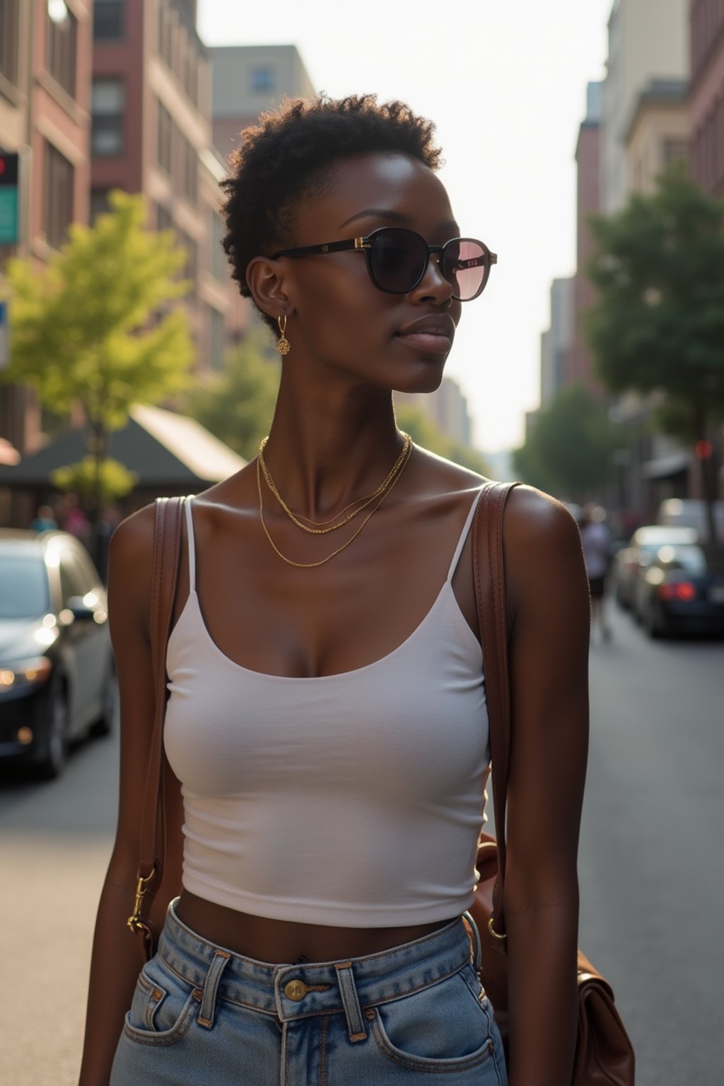 feminine woman taking a casual stroll through a cityscape