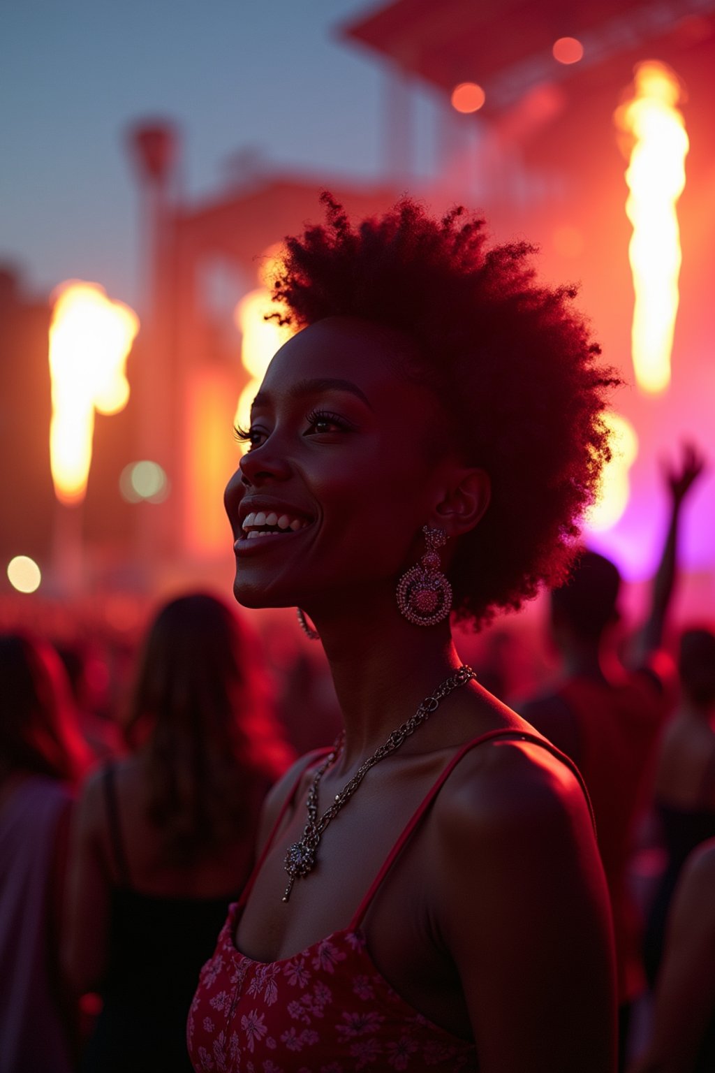 feminine woman enjoying a concert or music festival