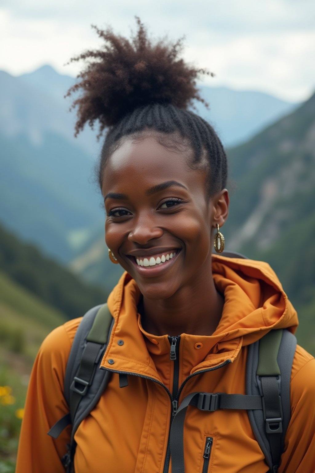 feminine woman in going hiking outdoors in mountains