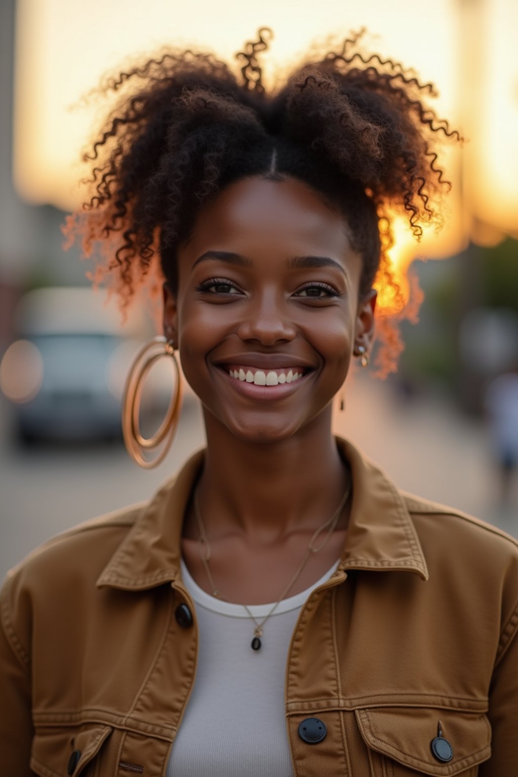 headshot of smiling woman wearing casual clothes posing for dating app headshot. outdoor blurry background. the lighting is warm, possibly from a setting sun, creating a soft glow around him, enhancing the casual and relaxed vibe of the image. the setting seems to be outdoors, likely in an urban environment, with the blurred background hinting at a street or park-like area. this image likely portrays a youthful, active, and approachable individual, possibly in a lifestyle or fashion-related context.