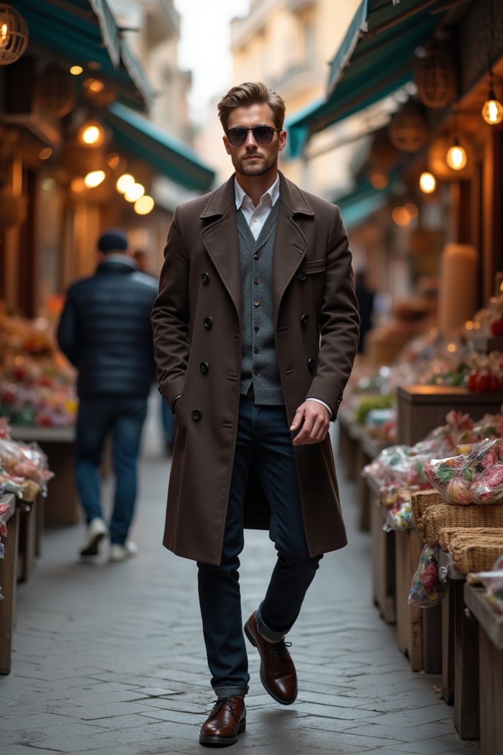 a stylish masculine  man exploring a street market