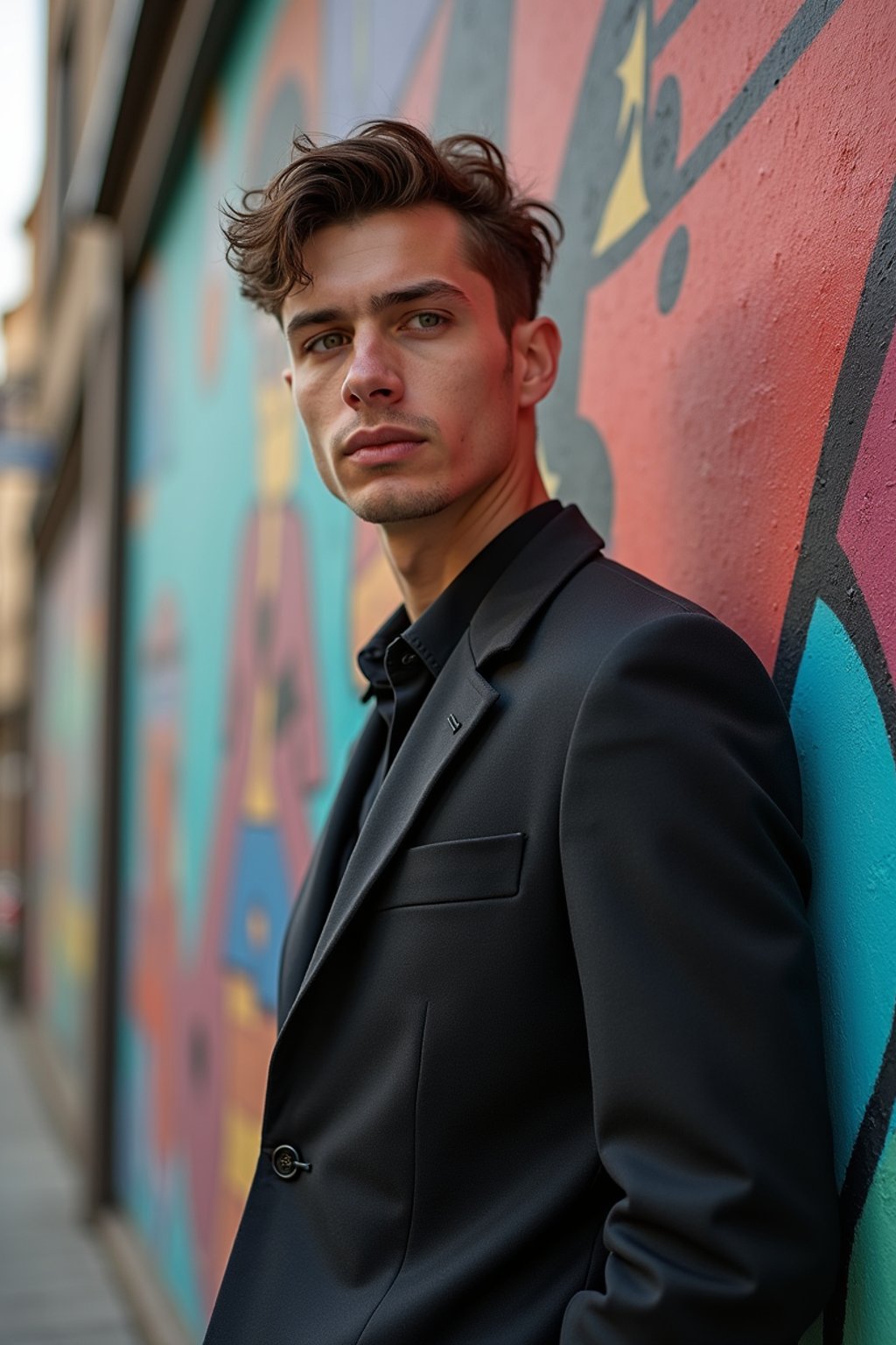 a fashionable masculine  man posing in front of street art