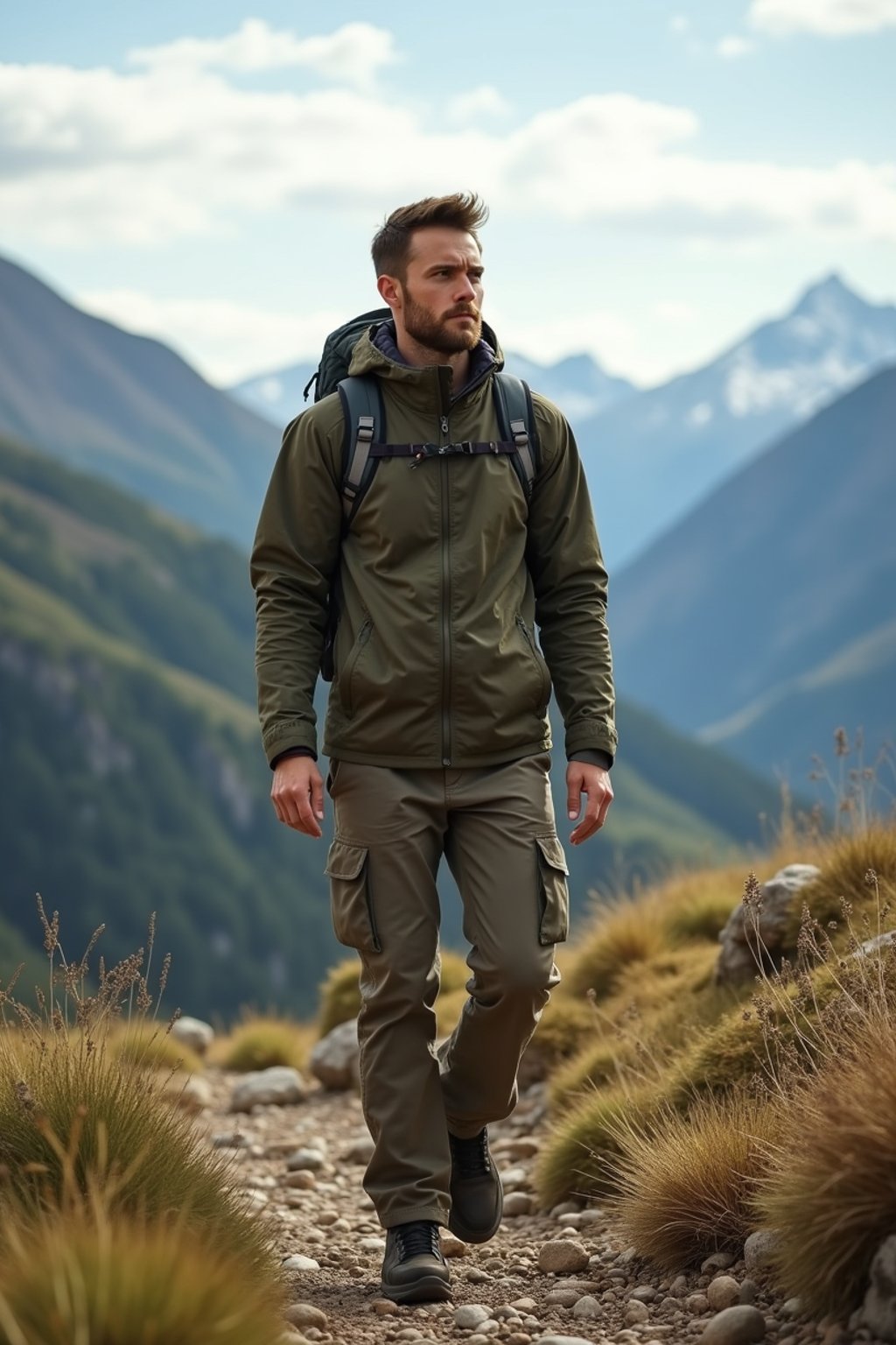 an adventurous masculine  man hiking in the mountains