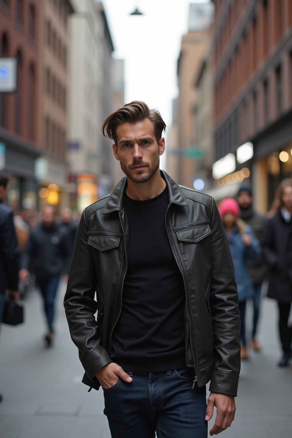 a confident masculine  man exploring a bustling city street