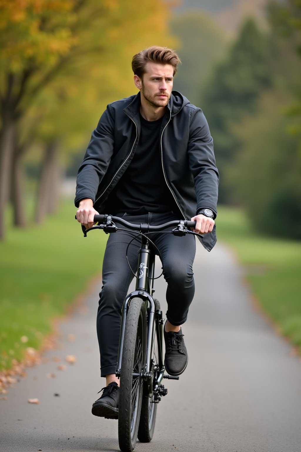 a stylish masculine  man enjoying a leisurely bike ride along a scenic path