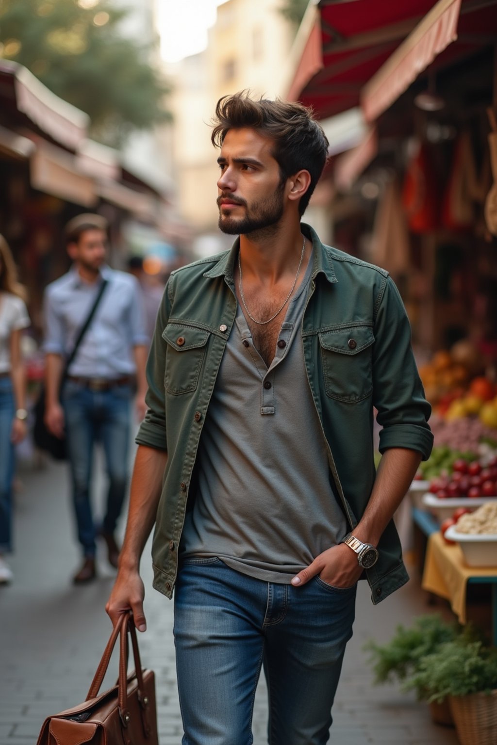 a charismatic masculine  man exploring a street market