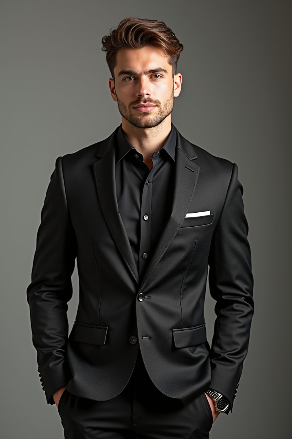 a confident masculine  man dressed in stylish attire