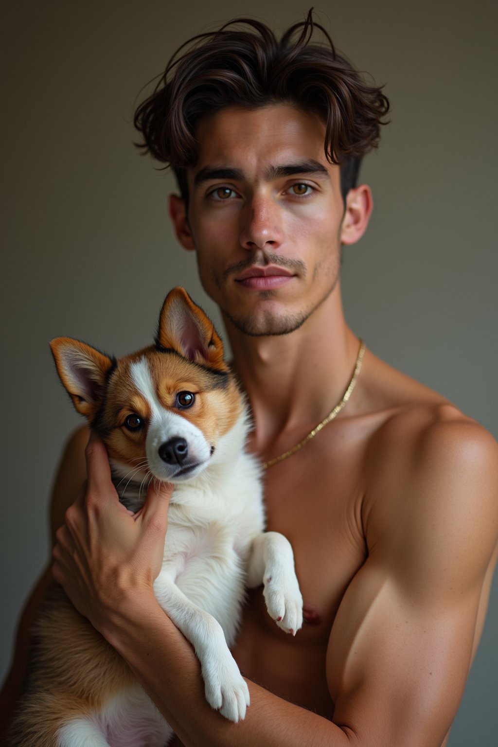 masculine  man posing with a cute pet