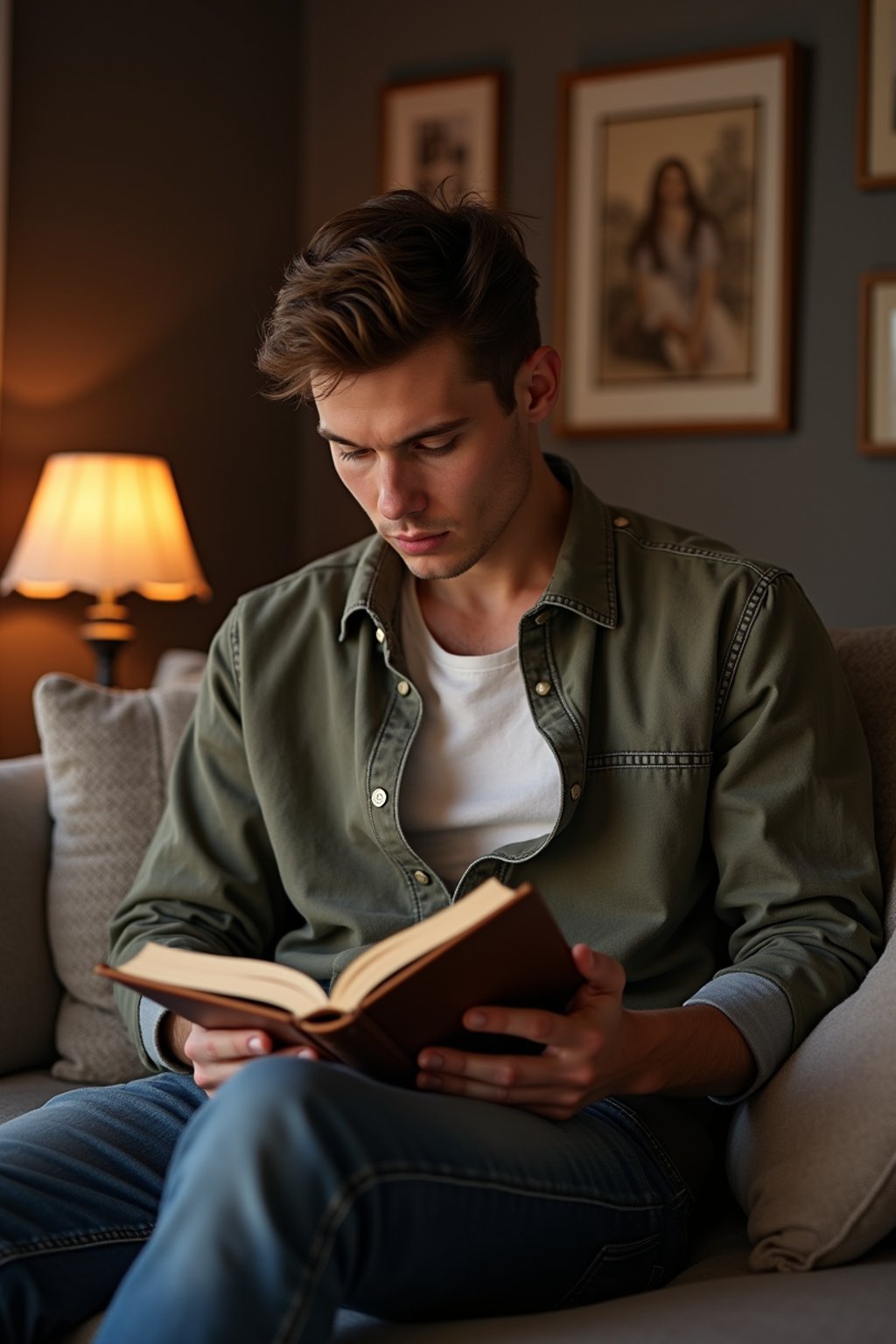 masculine  man reading a book in a cozy home environment