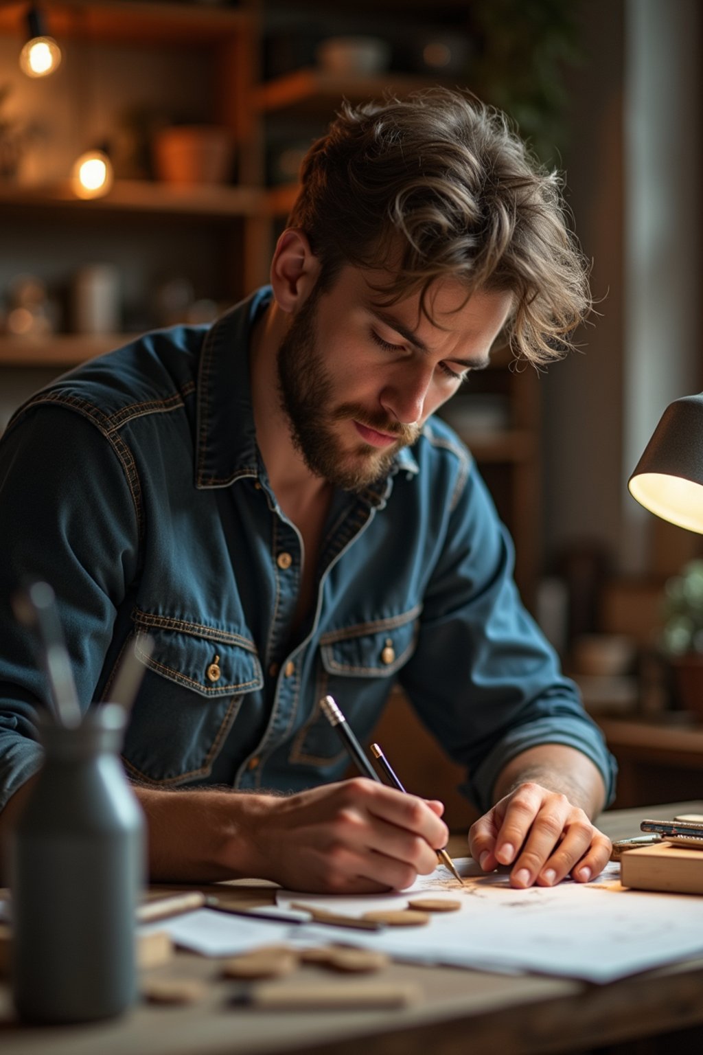 masculine  man engaging in a hobby or craft