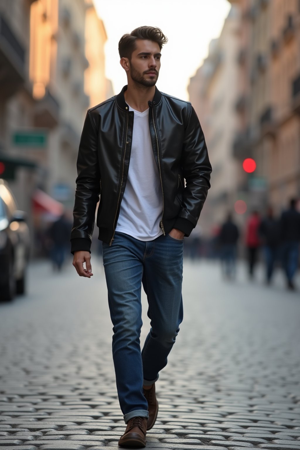 masculine  man taking a casual stroll through a cityscape