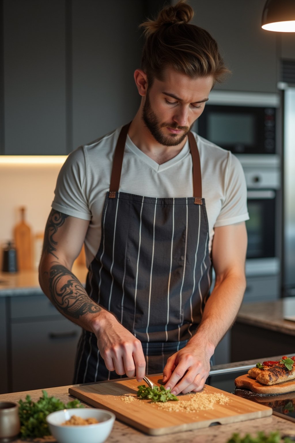 masculine  man cooking or baking in a modern kitchen