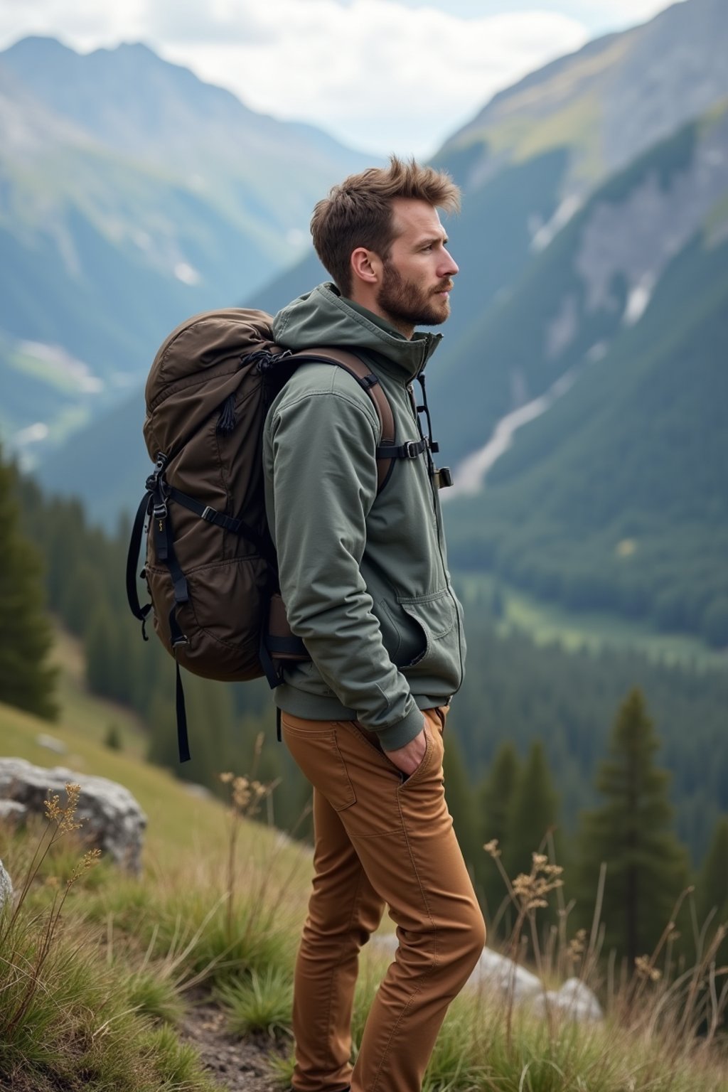 masculine  man in going hiking outdoors in mountains