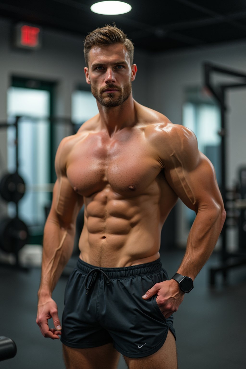 masculine  man wearing  or shorts and sports top in the fitness gym