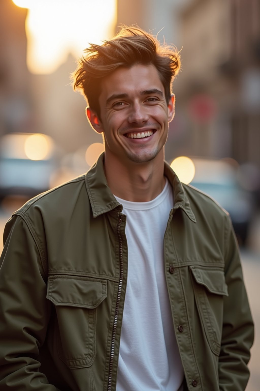 headshot of smiling man wearing casual clothes posing for dating app headshot. outdoor blurry background. the lighting is warm, possibly from a setting sun, creating a soft glow around him, enhancing the casual and relaxed vibe of the image. the setting seems to be outdoors, likely in an urban environment, with the blurred background hinting at a street or park-like area. this image likely portrays a youthful, active, and approachable individual, possibly in a lifestyle or fashion-related context.