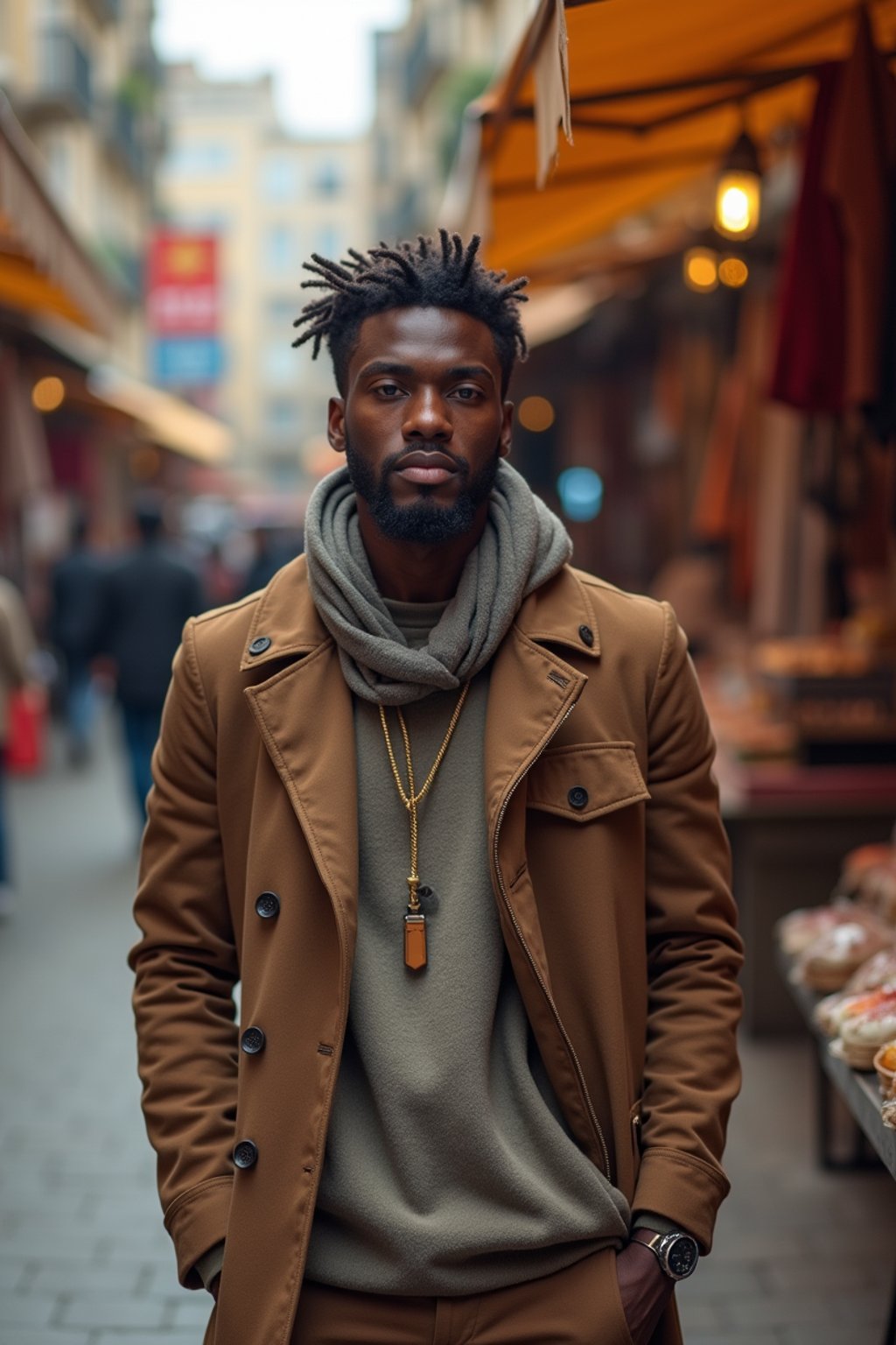 a stylish masculine  man exploring a street market