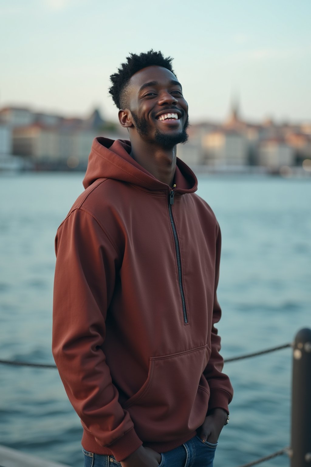 a captivating masculine  man enjoying a peaceful moment by the waterfront