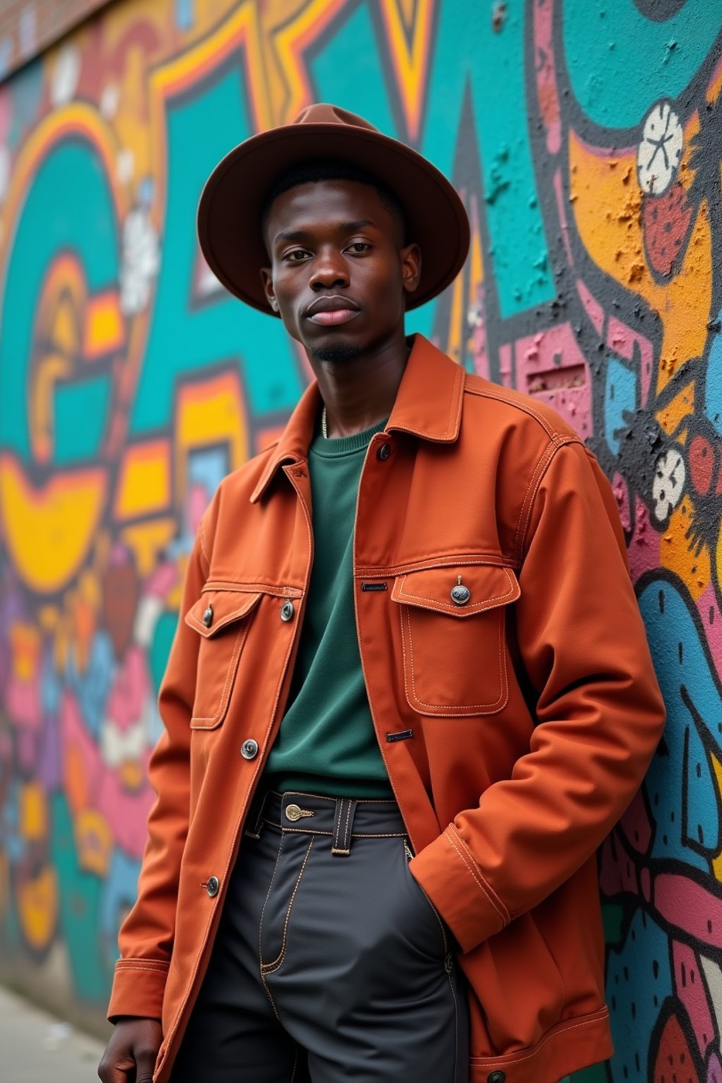 a fashionable masculine  man posing in front of street art