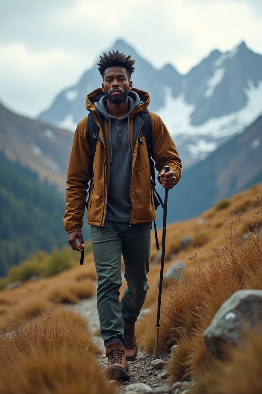 an adventurous masculine  man hiking in the mountains