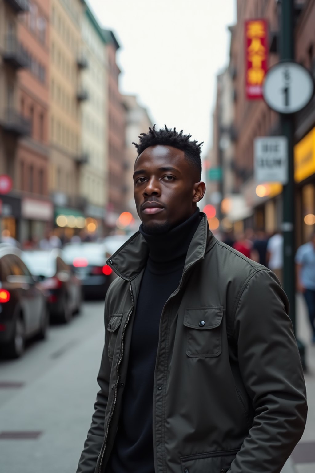 a confident masculine  man exploring a bustling city street