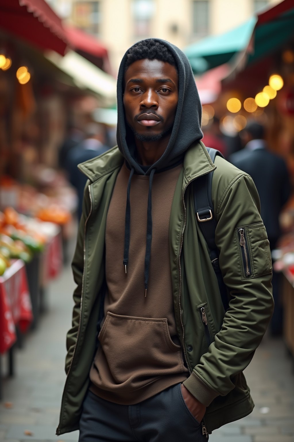 a charismatic masculine  man exploring a street market