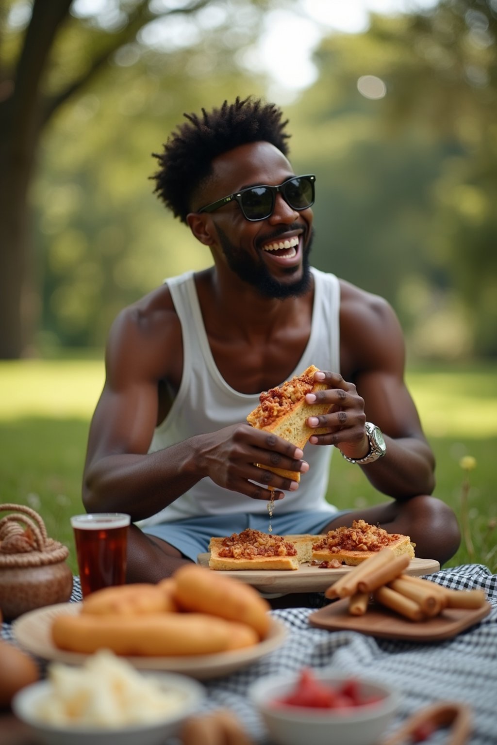 masculine  man having a fun outdoor picnic