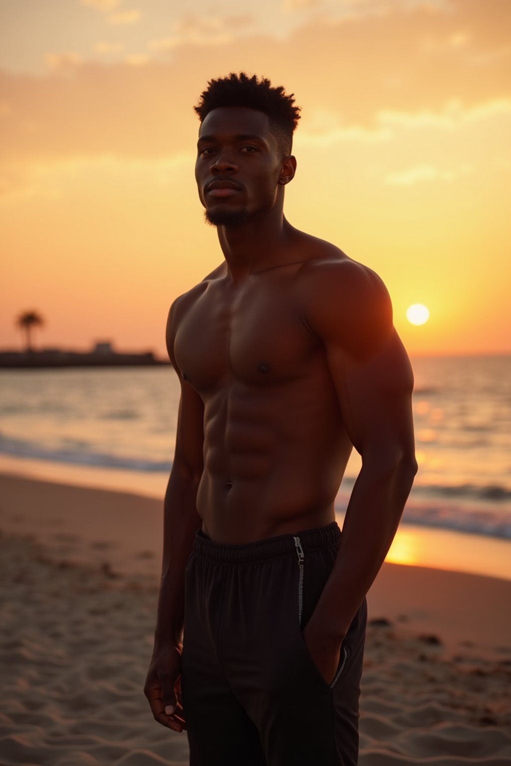 masculine  man enjoying a sunset at a beach or park