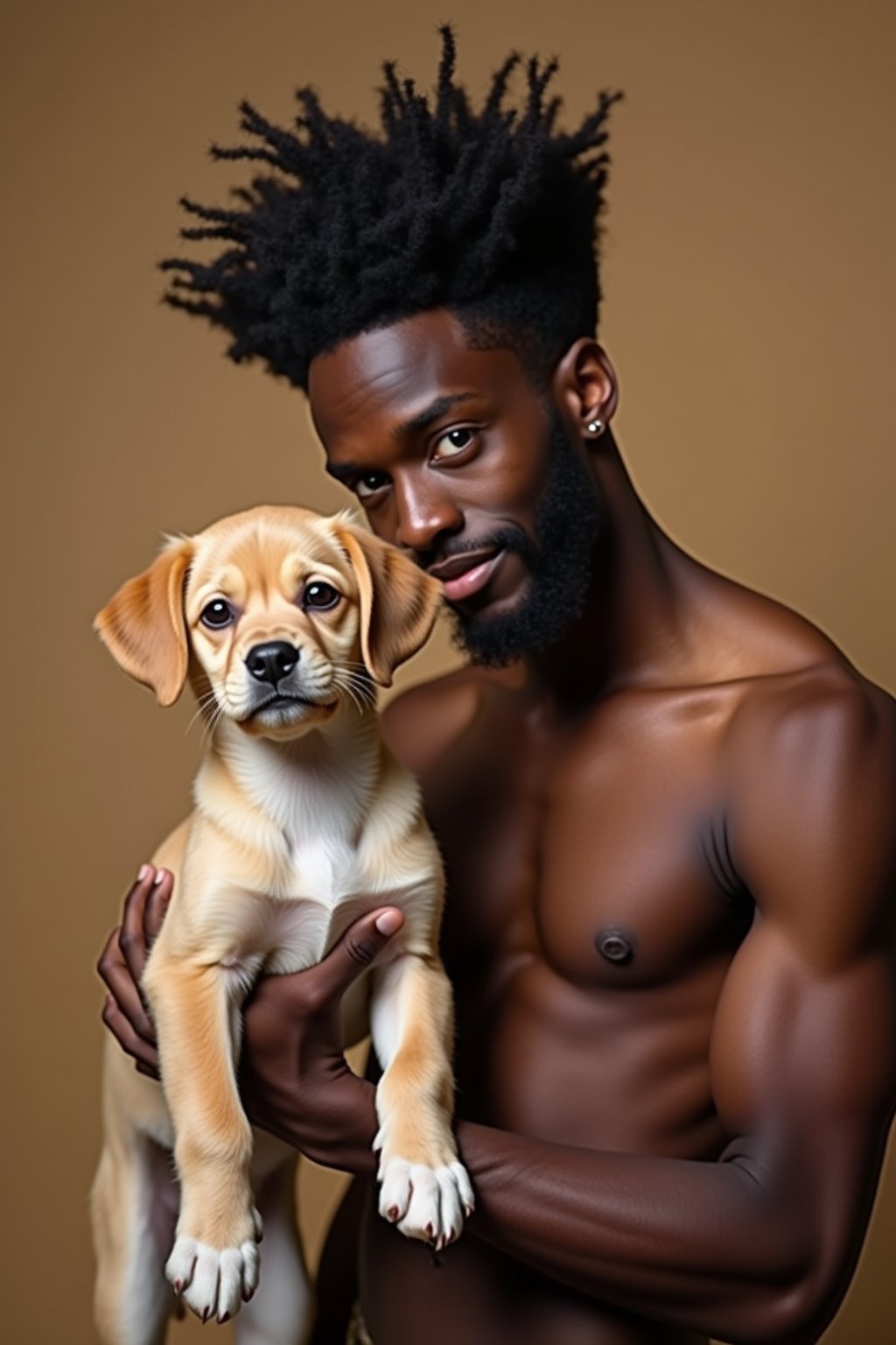 masculine  man posing with a cute pet