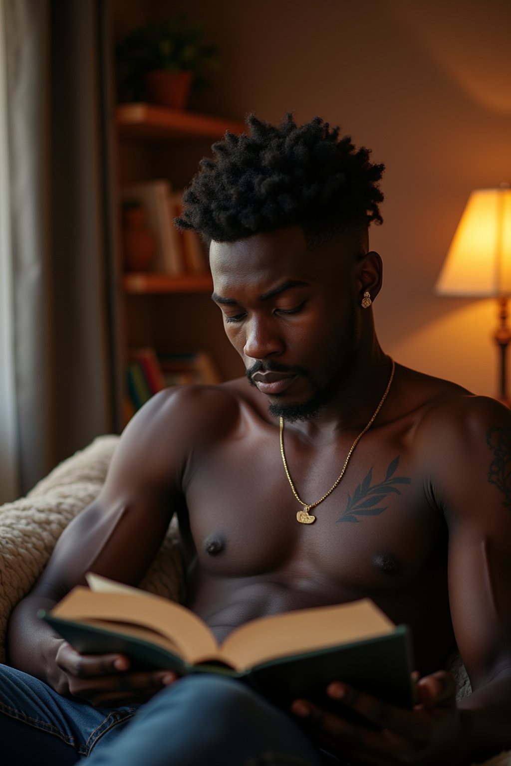 masculine  man reading a book in a cozy home environment