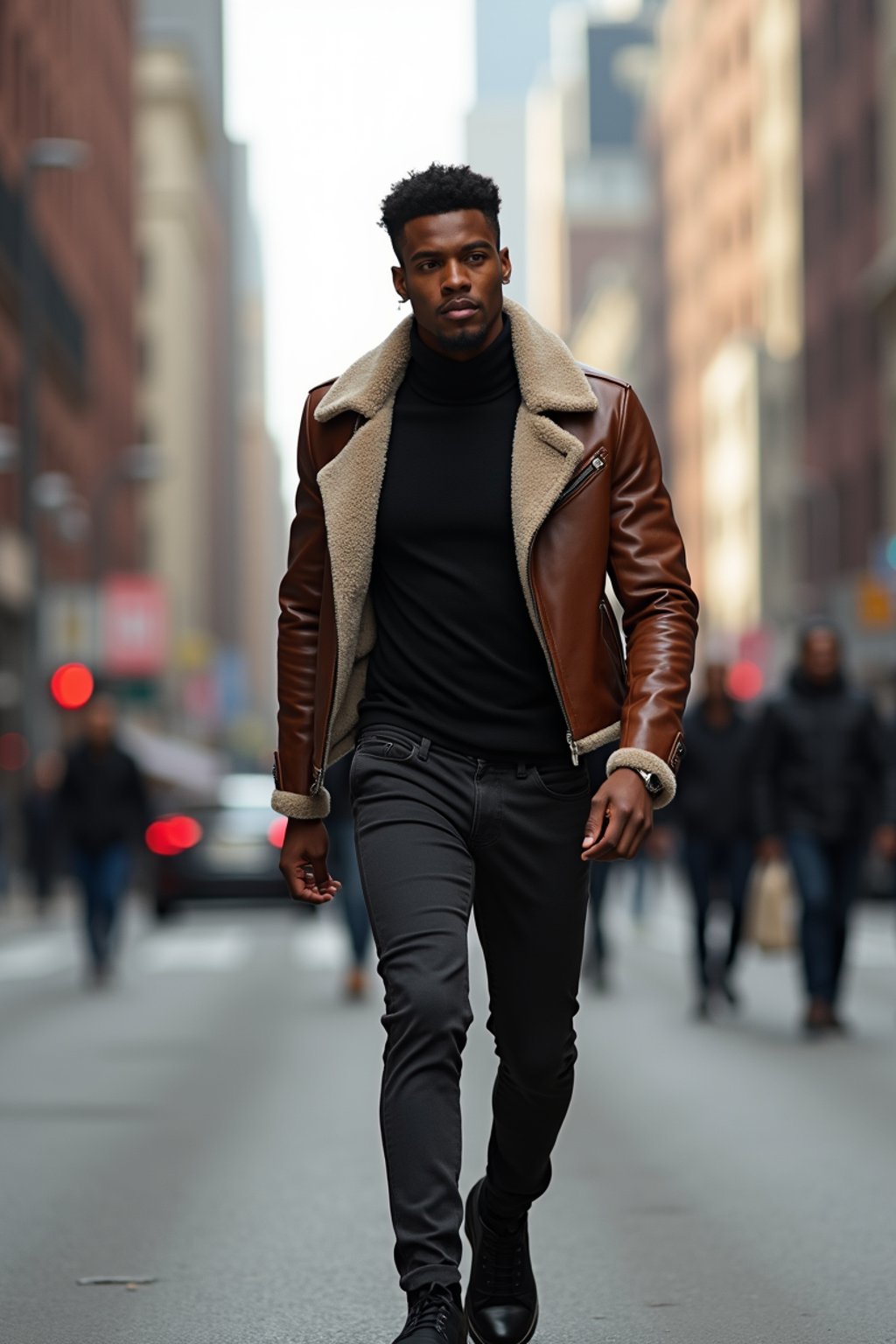 masculine  man taking a casual stroll through a cityscape