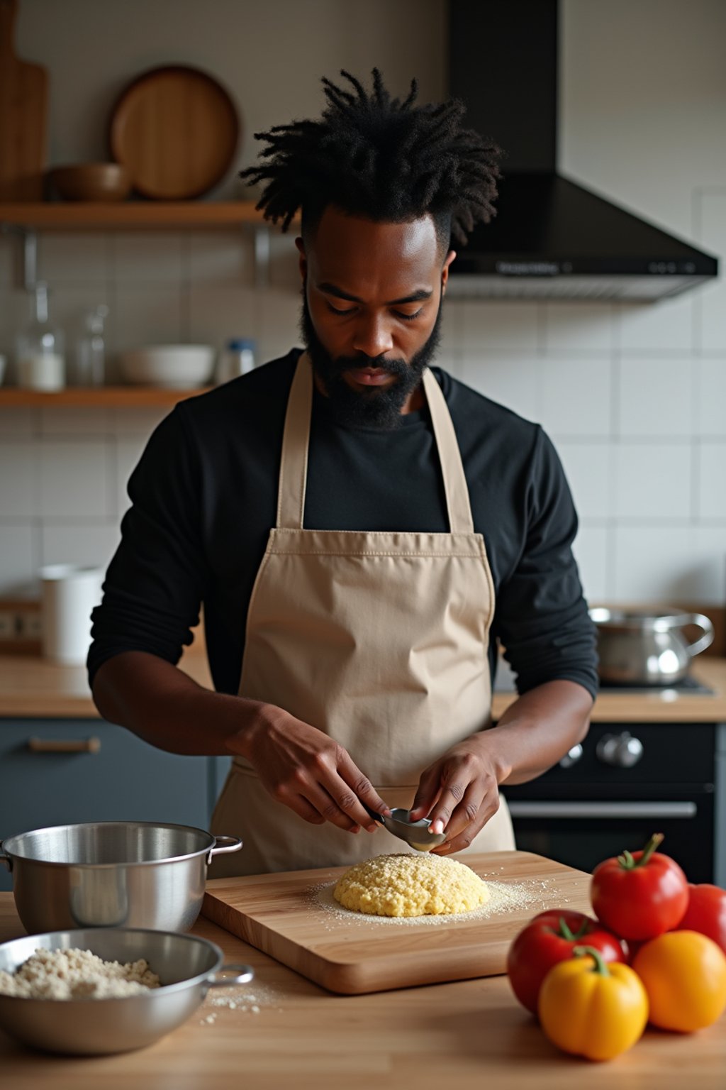 masculine  man cooking or baking in a modern kitchen