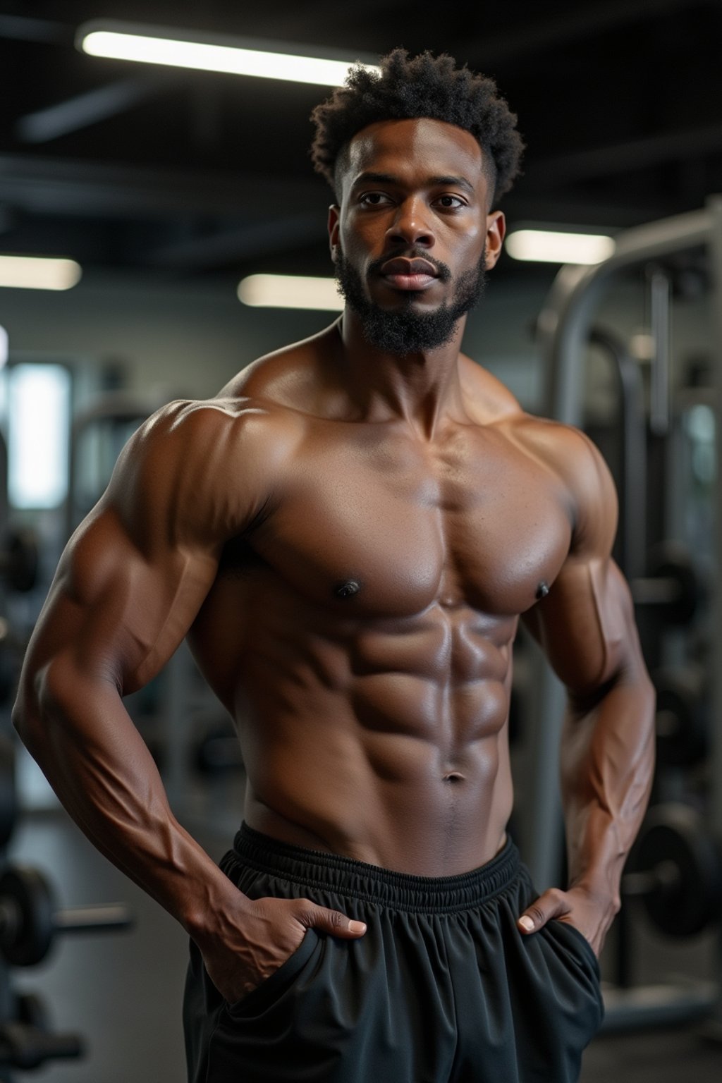 masculine  man wearing  or shorts and sports top in the fitness gym